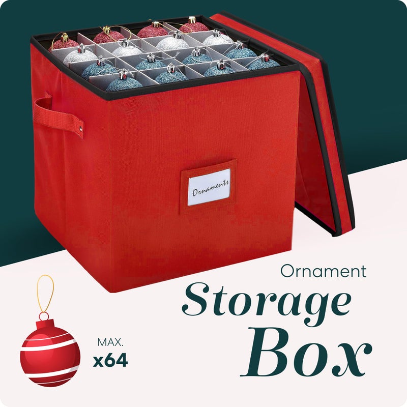 Handy Laundry, Christmas Ornament Storage - Stores up to 64 Holiday Ornaments, Adjustable Dividers, Covered Top, Two Handles. Storage Box Keeps Holiday Decorations Clean & Dry for Next Season. (Red) - Image 2